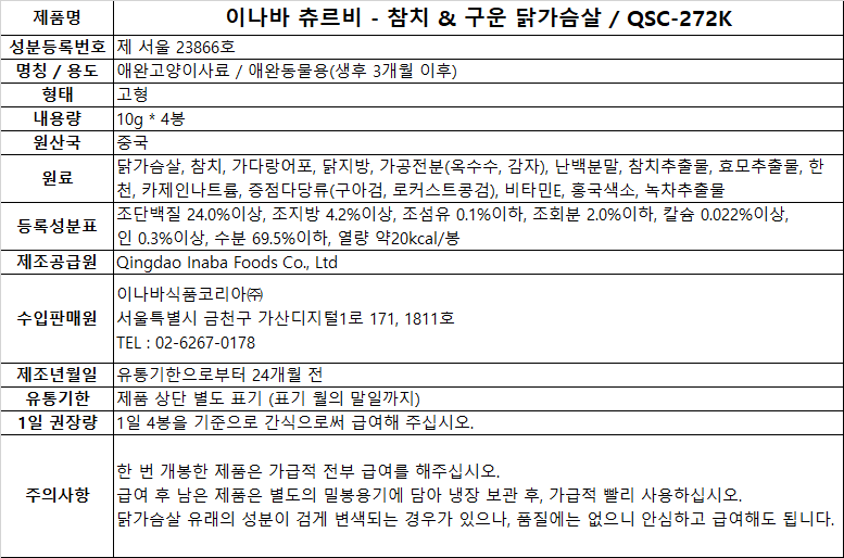 [이나바] 츄르비 져키 참치&구운닭가슴살 10g x 4p (4개입x5개) (참치&구운 닭가슴살x5개) 상세 이미지 1