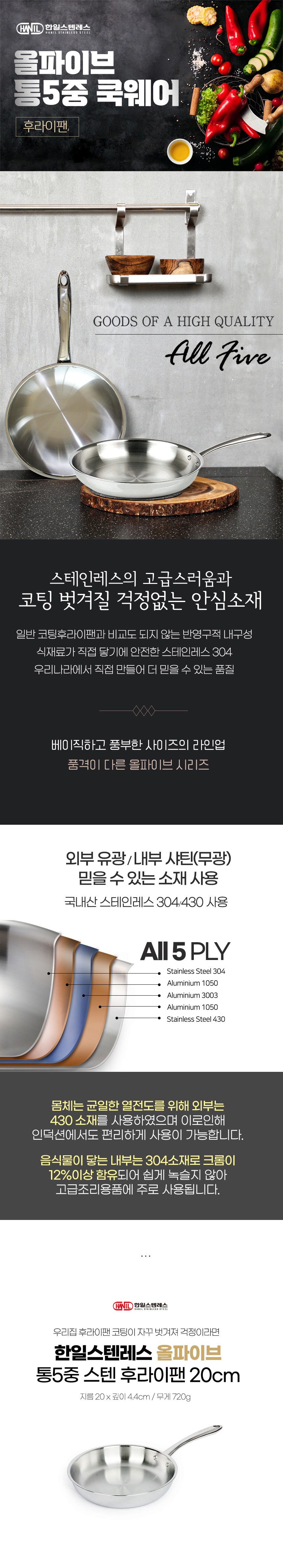 [한일스텐레스] 올파이브 통5중 스텐 후라이팬 20cm 상세 이미지 1
