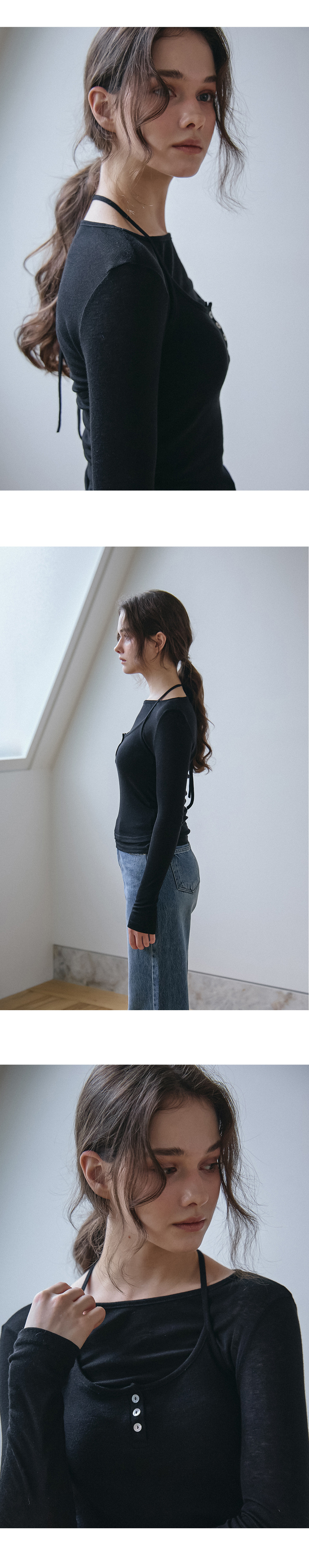 [벰버] 버튼 포인트 뷔스티에 레이어드 티셔츠_블랙 상세 이미지 3
