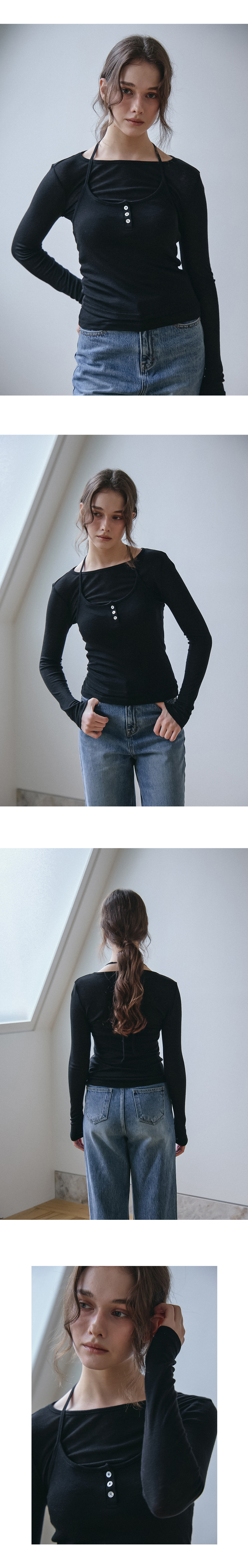 [벰버] 버튼 포인트 뷔스티에 레이어드 티셔츠_블랙 상세 이미지 2