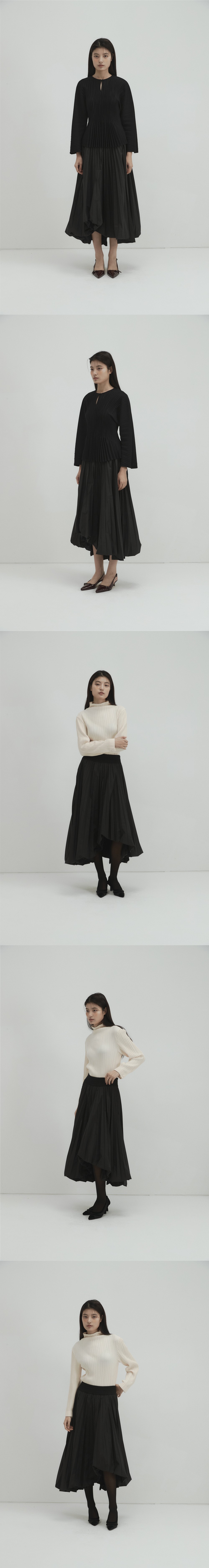 [몽플리쎄] 여성 언발란스 볼륨 플리츠 A라인 스커트 (블랙) 상세 이미지 3
