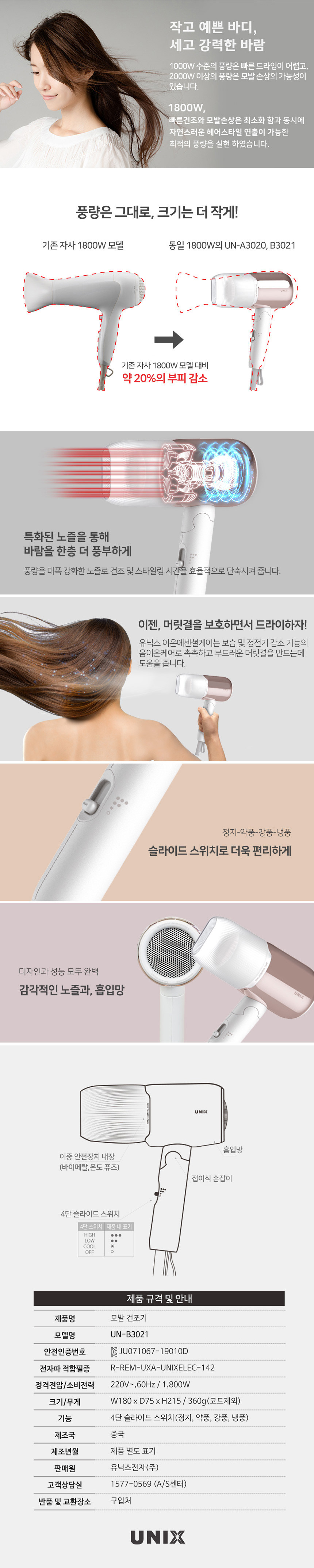 [유닉스] 1800W 이온 에센셜 접이식 헤어 드라이기 UN-B3021 휴대용 여행용 상세 이미지 3