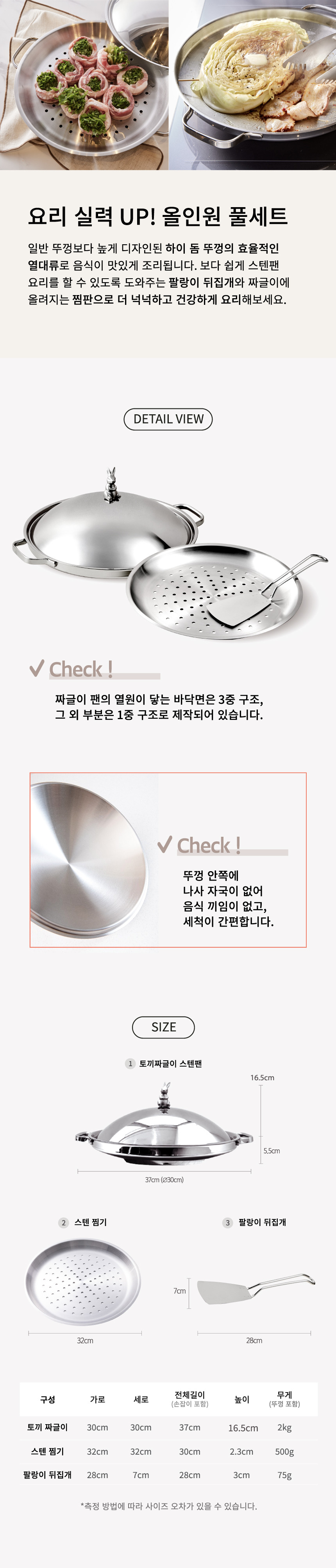 [쿠퍼] 토끼짜글이 스텐팬 30cm 세트 (토끼짜글이 스텐팬+돔뚜껑+찜판+팔랑이뒤집개) 상세 이미지 3