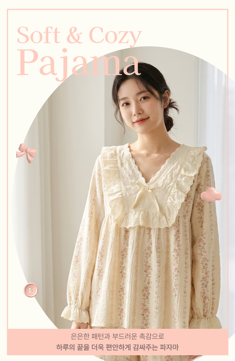 [코코부] 순면 이중거즈면 플라워 프릴 잠옷 세트 4종 (택1) 상세 이미지 1