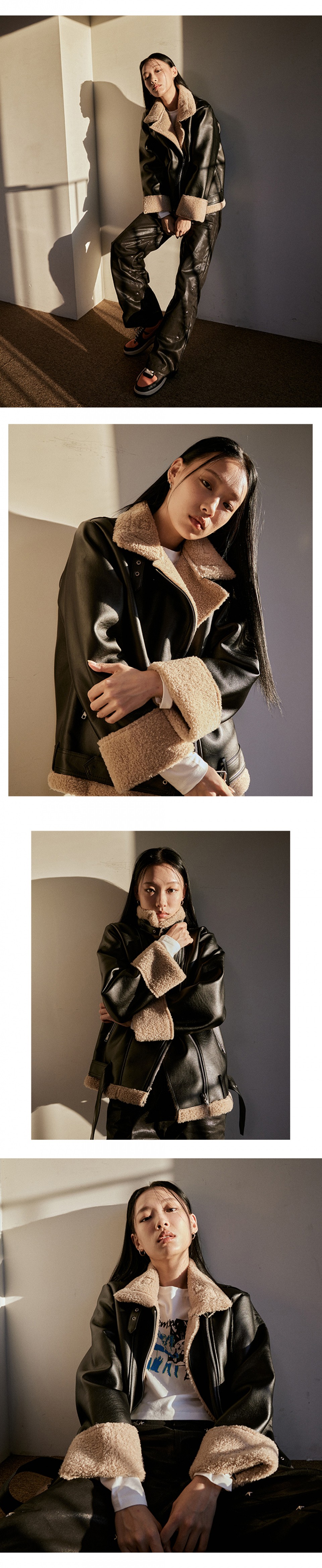 [콜릿] WOMEN 오버핏 무스탕 플리스 자켓_Black Beige 상세 이미지 2