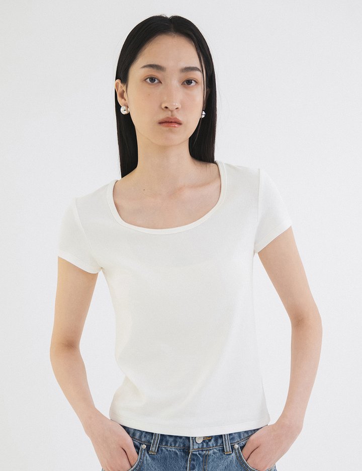 [시야쥬] 레트로 U넥 슬림 반팔티_아이보리(SITP5201)