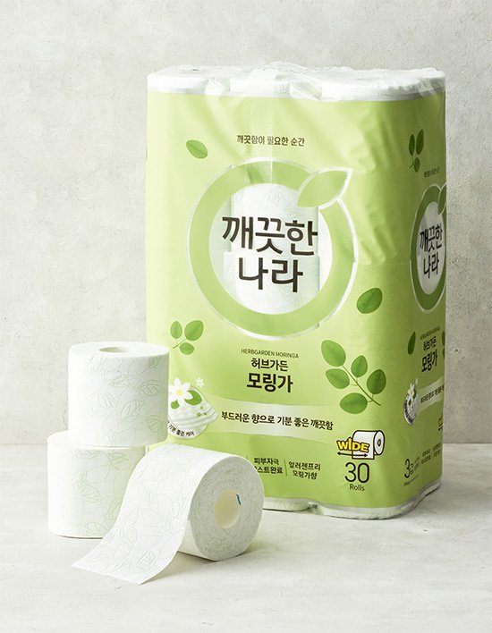 [깨끗한나라] 3겹 천연펄프 프리미엄 와이드 롤화장지 허브가든 모링가 (30M X 30롤)