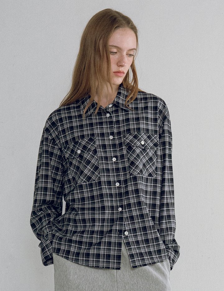 [반원 아틀리에] 투 포켓 체크 셔츠_블랙(A3543)