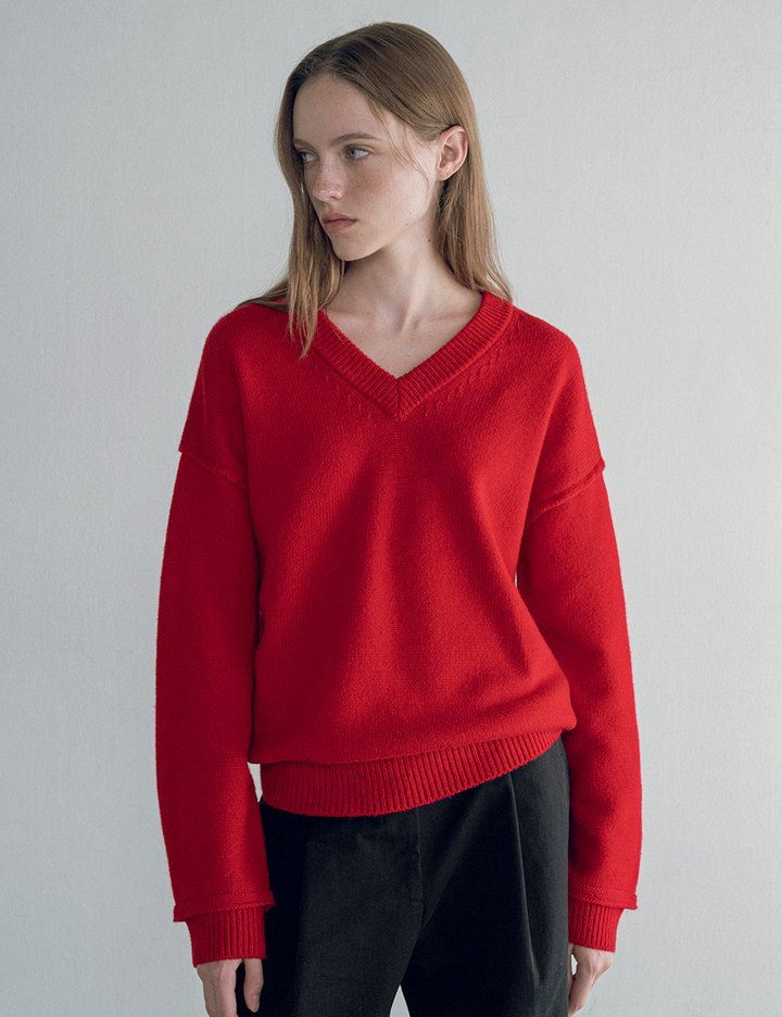 [반원 아틀리에] 컷아웃 브이넥 니트_레드(KN4266)