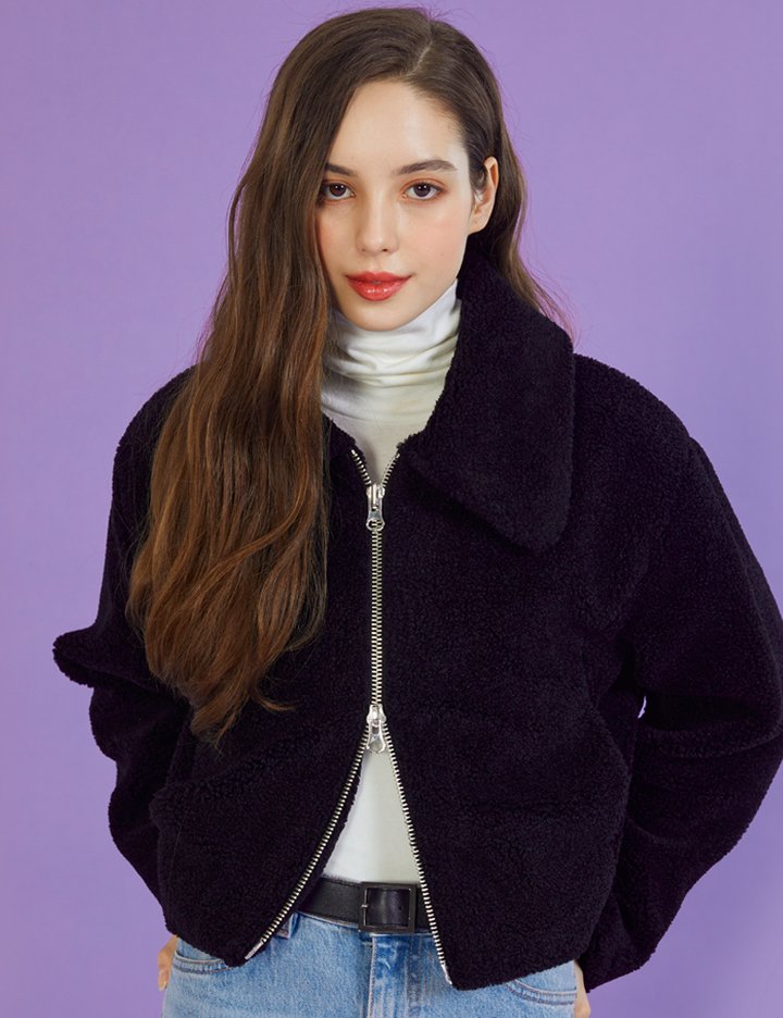 [콜릿] WOMEN 크롭 오버핏 덤블 투웨이 집업 퍼 무스탕_Black [양털  ver.]