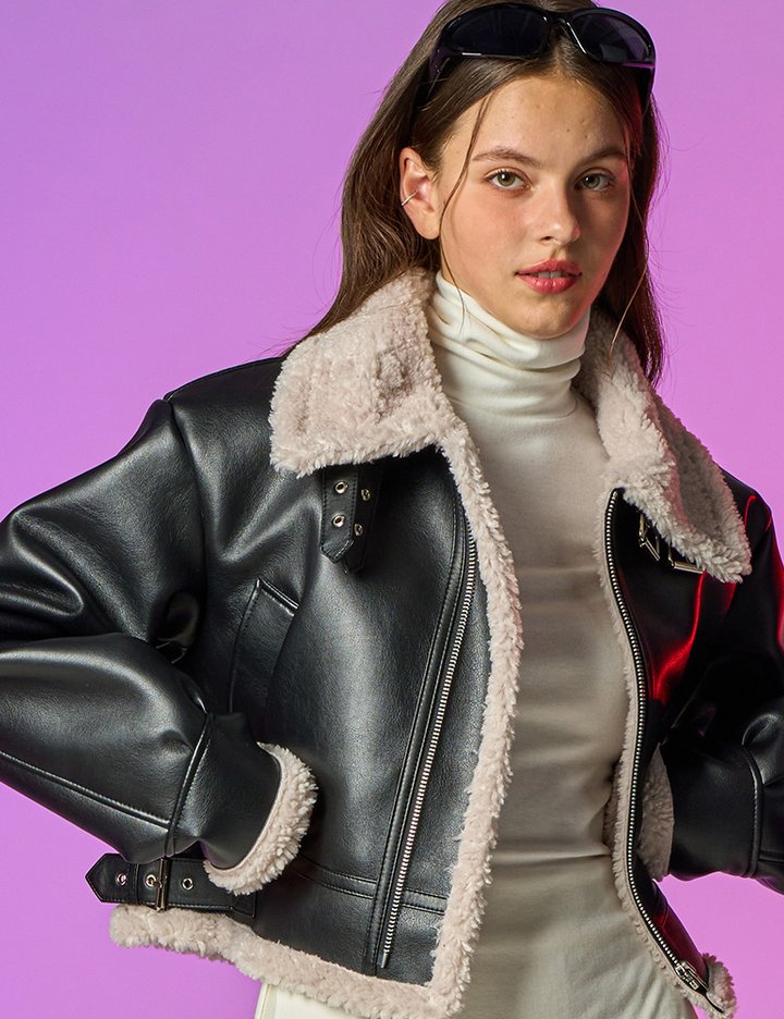 [콜릿] 블러드 셔링 양털 플리스 레더 무스탕 자켓_Black_Beige(크롭ver)