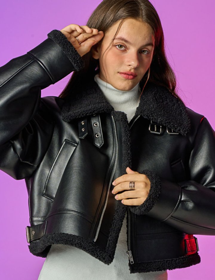 [콜릿] 블러드 셔링 양털 플리스 레더 무스탕 자켓_All_Black(크롭ver.)