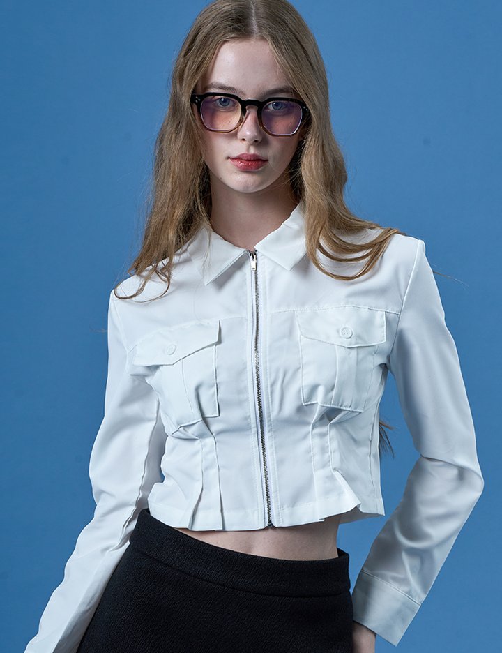 [콜릿] 크롭 지퍼 슬림 무지 셔츠 블라우스 (WHITE)