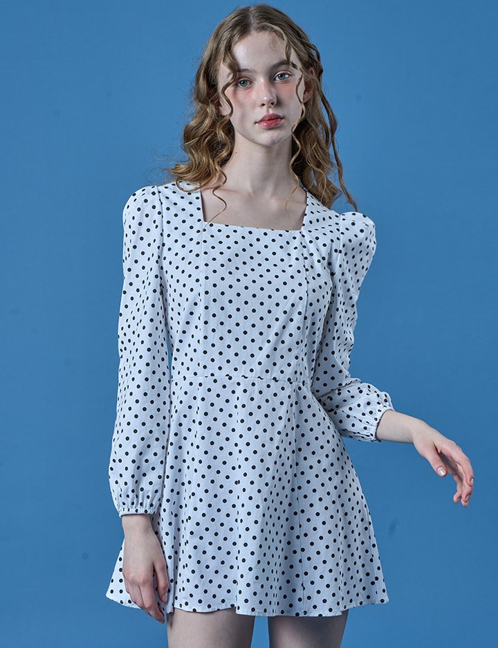 [콜릿] 벌룬 퍼프 도트 스퀘어넥 미니원피스 (WHITE)