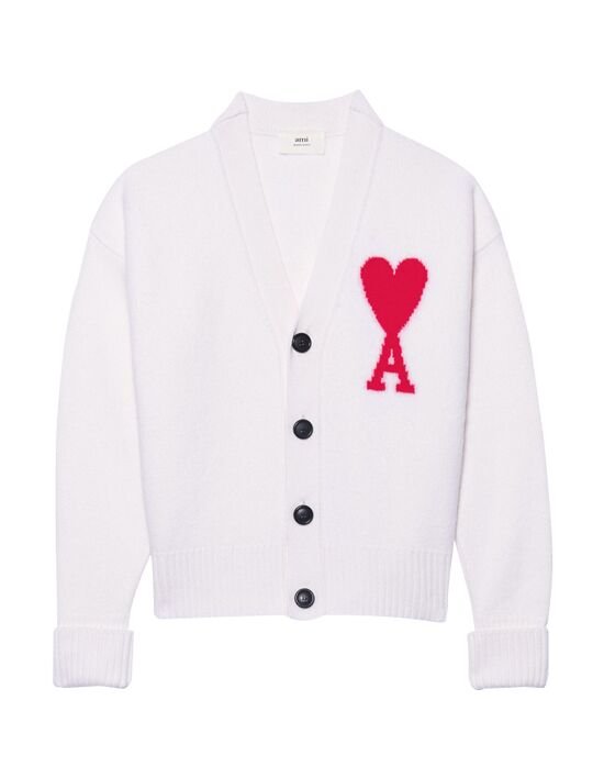 [아미] UKC002018 102 빅하트자수 오버핏 가디건 화이트레드 공용 가디건