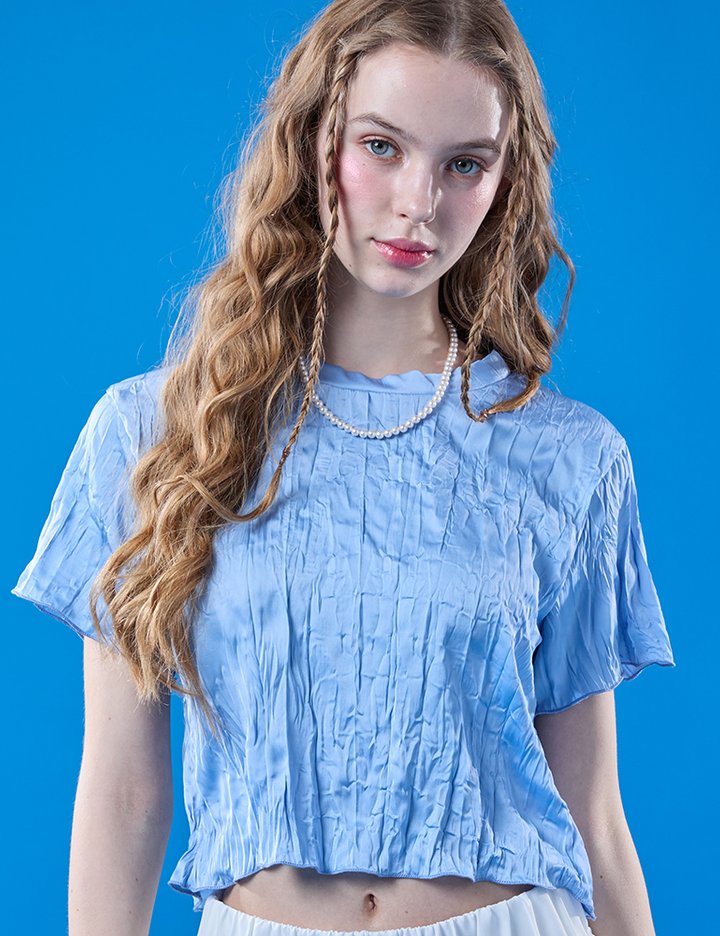 [콜릿] 쉬폰 쿨링 마몽 크롭 무지 반팔티 (BLUE)