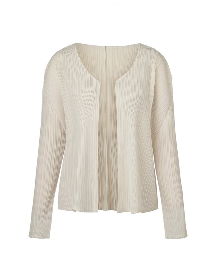 [몽플리쎄] 여성 볼레로 노카라 플리츠 숏 가디건 (아이보리)