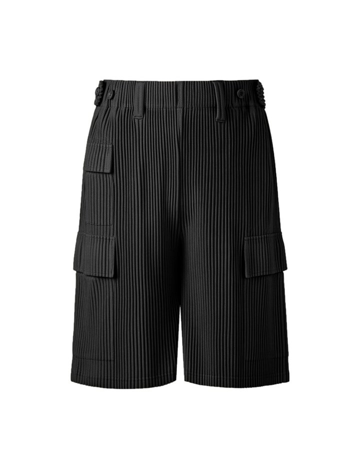 [몽플리쎄] 남성 아웃 포켓 와이드 플리츠 카고 반바지 (블랙)
