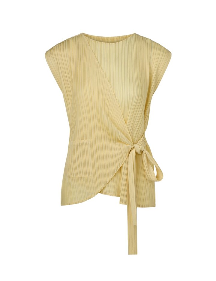 [몽플리쎄] 여성 타이드 랩 스타일 캡소매 플리츠 탑 (옐로우)