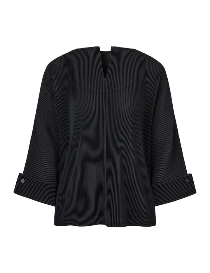 [몽플리쎄] 여성 오픈 카라 7부 소매 플리츠 블라우스 (블랙)