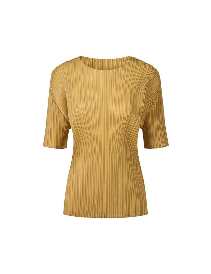 [몽플리쎄] 여성 라운드넥 반소매 베이직 플리츠 티셔츠 (옐로우)