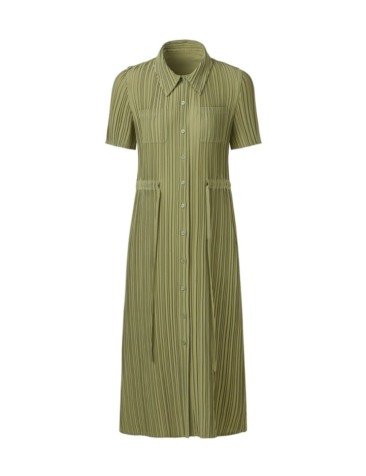 [몽플리쎄] 여성 카라넥 반소매 풀오픈타입 플리츠 롱 원피스 (카키)