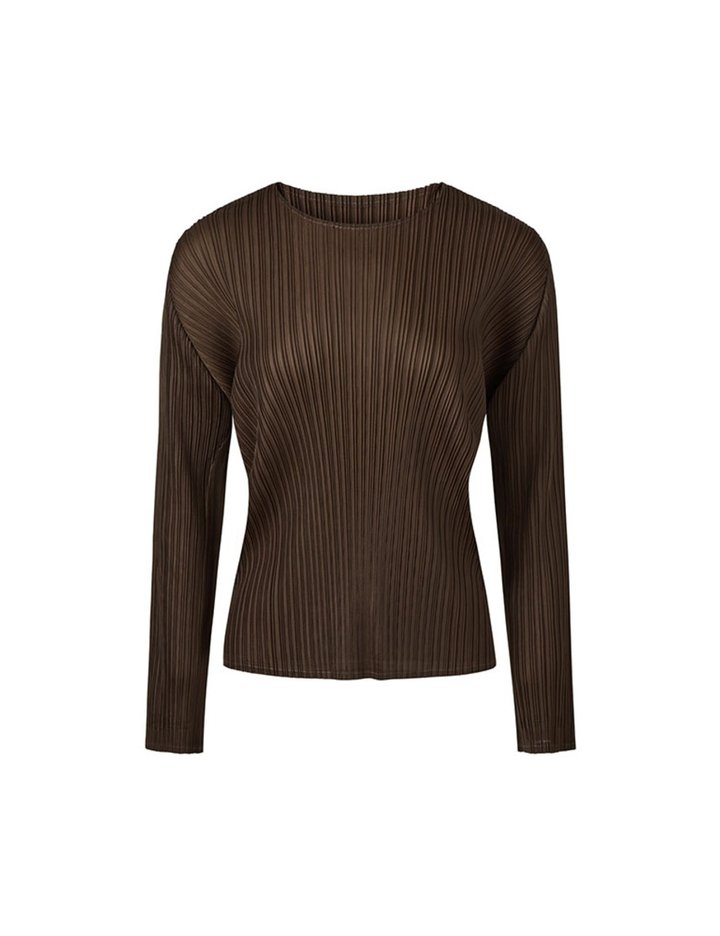 [몽플리쎄] 여성 라운드넥 긴소매 베이직 플리츠 티셔츠 (브라운)