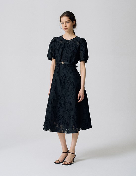 [앤클라인]플라워 퍼프 블랙 드레스 N5HM49