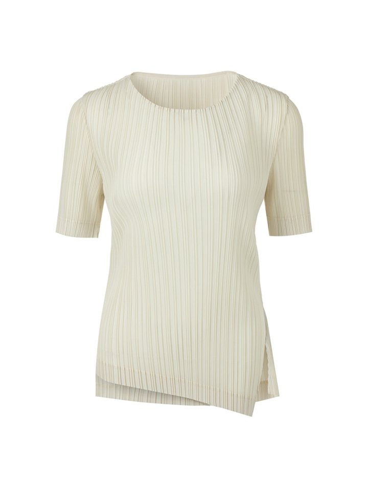 [몽플리쎄] 여성 라운드넥 언발 사선 플리츠 반팔 탑 (아이보리)