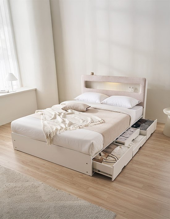 [삼익가구]라베나 패브릭 템바보드 LED 4단 수납 침대 8종 (택1)