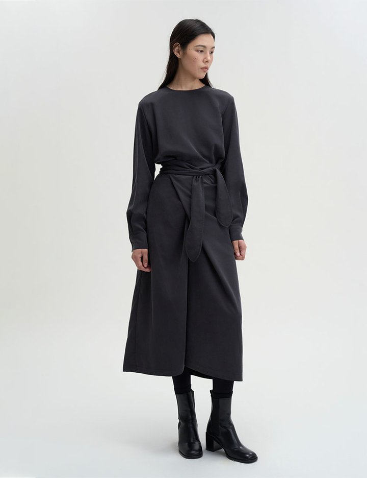 [매그제이] 타이 랩 미디 드레스 - 차콜