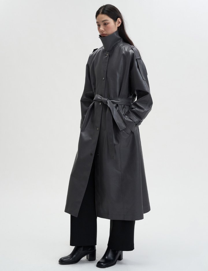 [매그제이] 모드 레더 트렌치 코트 - 그레이