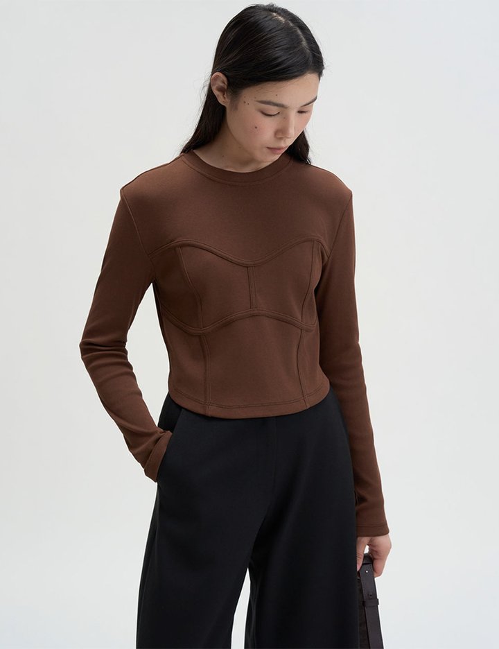 [매그제이] 웨이브라인 크롭 티셔츠 - 브라운