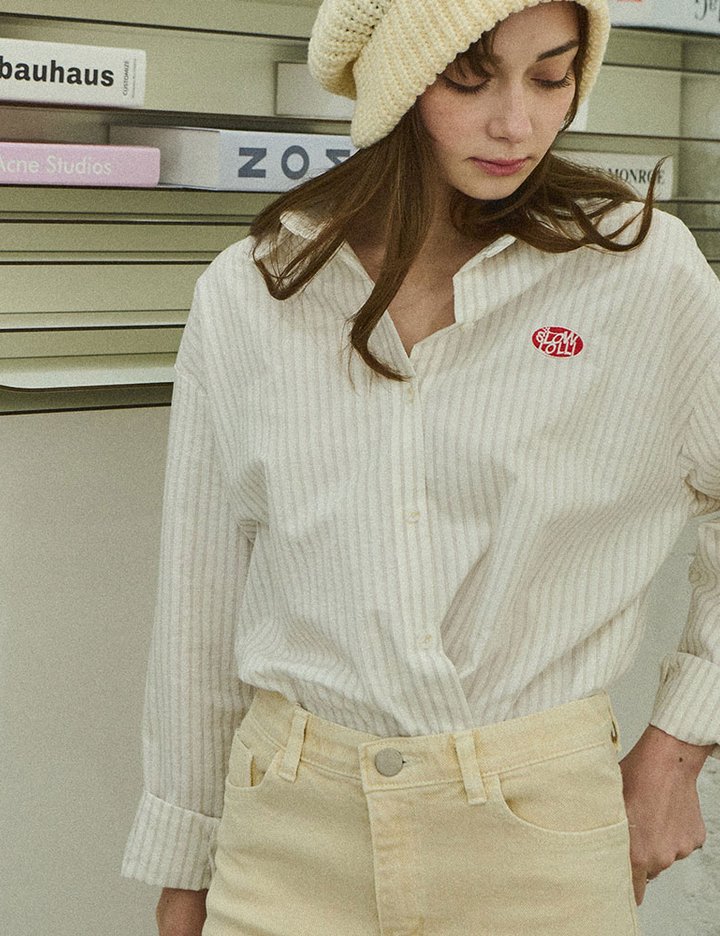 [슬로우롤리] 스트라이프 베이직 셔츠 - 베이지