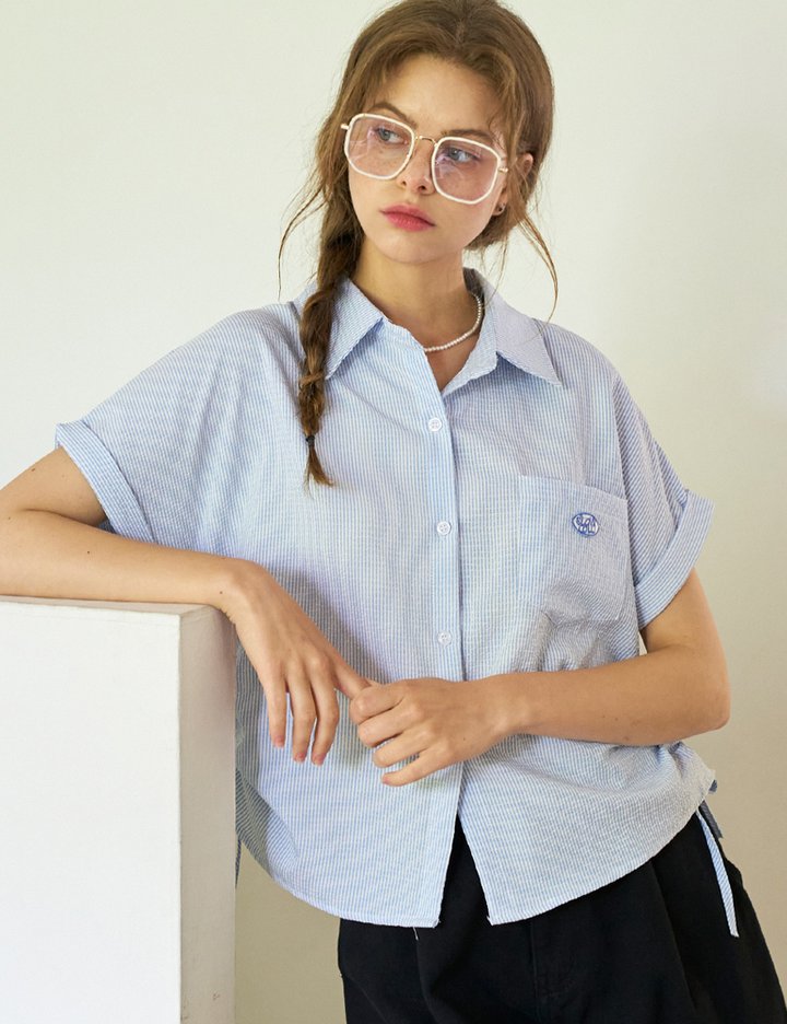 [슬로우롤리] 스트라이프 반팔 셔링 - 스카이 블루
