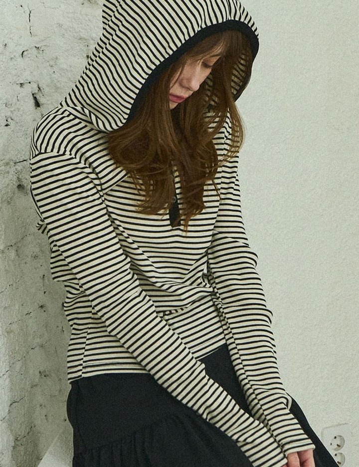 [슬로우롤리] 스트라이프 후디 티셔츠 - 아이보리