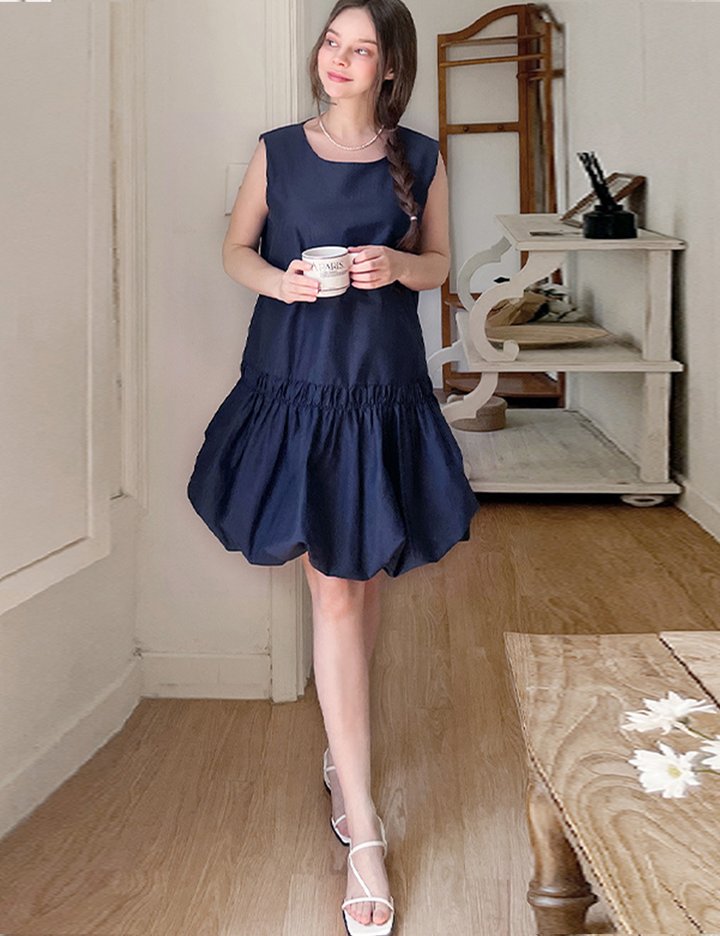 [슬로우롤리] 펌킨 퍼프 미니 드레스 - 네이비