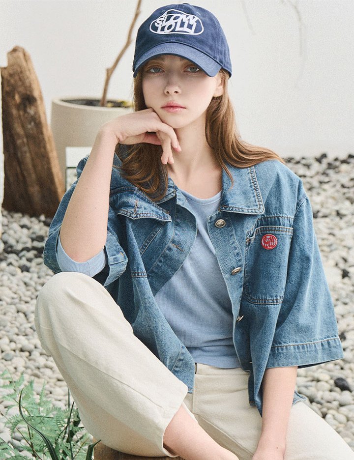 [슬로우롤리] 워싱 버튼 데님 자켓 - 미드 블루