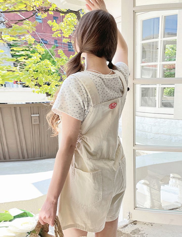 [슬로우롤리] 코튼 오버롤 쇼츠 팬츠 - 아이보리