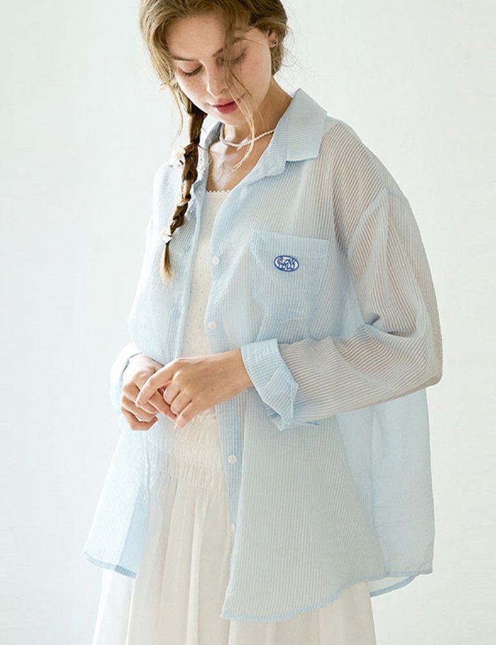[슬로우롤리] 시어 스트라이프 서머 셔츠 - 스카이 블루