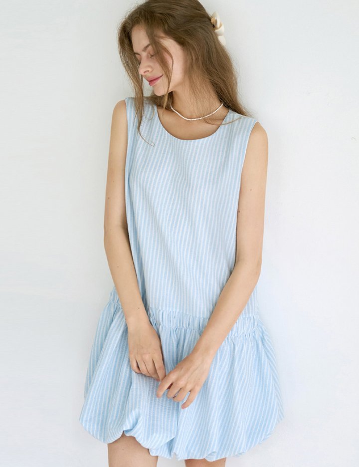 [슬로우롤리] 펌킨 퍼프 스트라이프 드레스 - 스카이블루