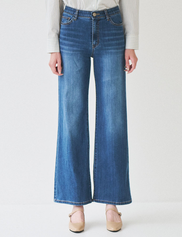 [슬로우롤리] 와이드 플레어 데님 팬츠 - 다크블루