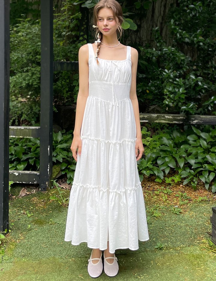 [슬로우롤리] 리본 셔링 슬리브리스 드레스 2 colors (택 1)