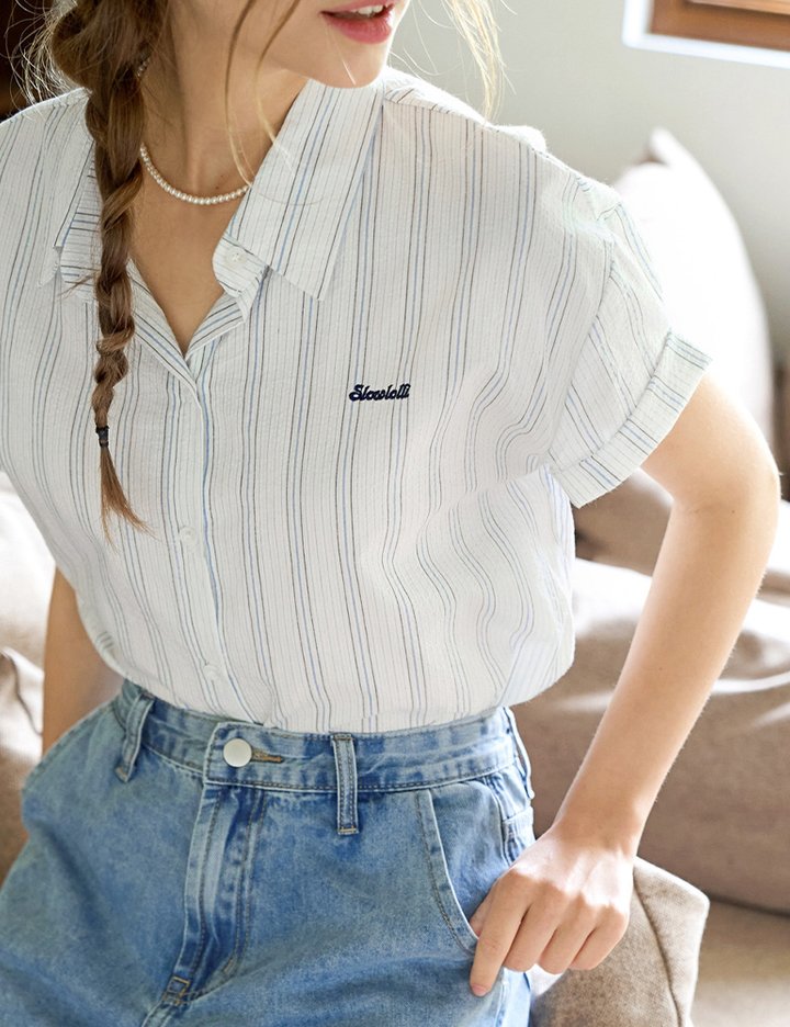 [슬로우롤리] 콘트라스트 스트라이프 반팔 셔츠 - 화이트