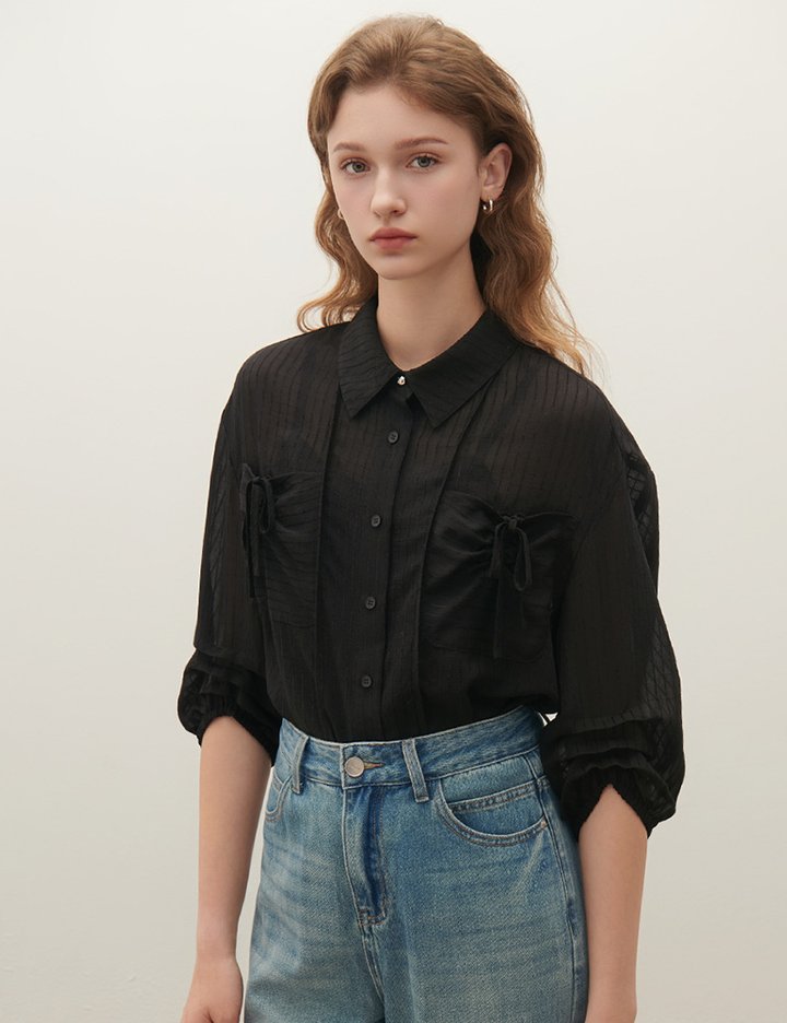 [샤틴] 시어 스트라이프 리본 블라우스 S253B260_2컬러 (택1)