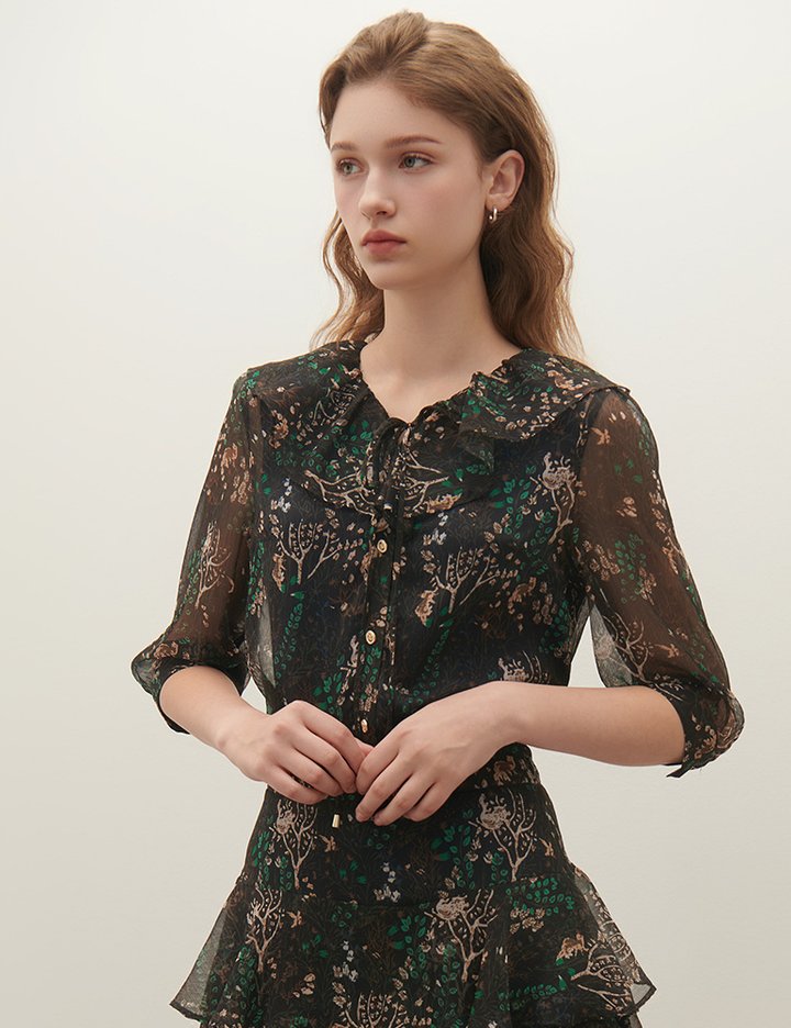 [샤틴] 프린트 쉬폰 러플 블라우스 S253B261