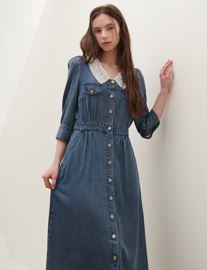 [샤틴] 탈부착 레이스 카라 포인트 데님 원피스 O252T618