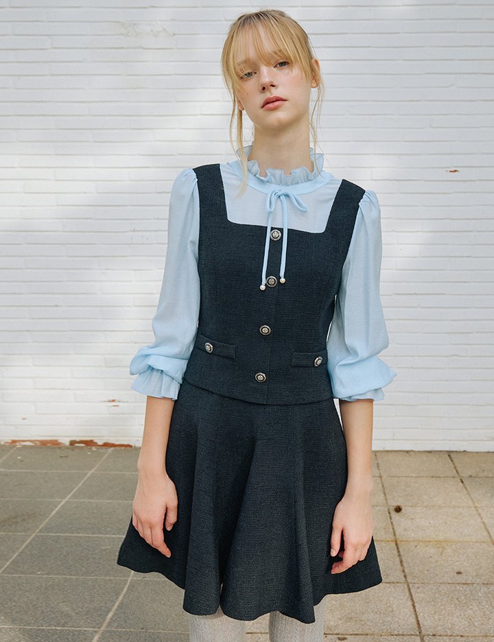 [샤틴] 블라우스 레이어드 플레어 원피스 S253T653