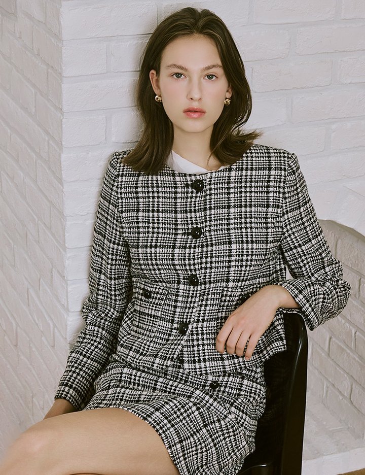 [샤틴] 라운드넥 체크 자켓 O254T102