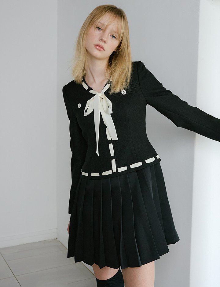 [샤틴] 리본 스티치 트위드 플리츠 원피스 S253T601